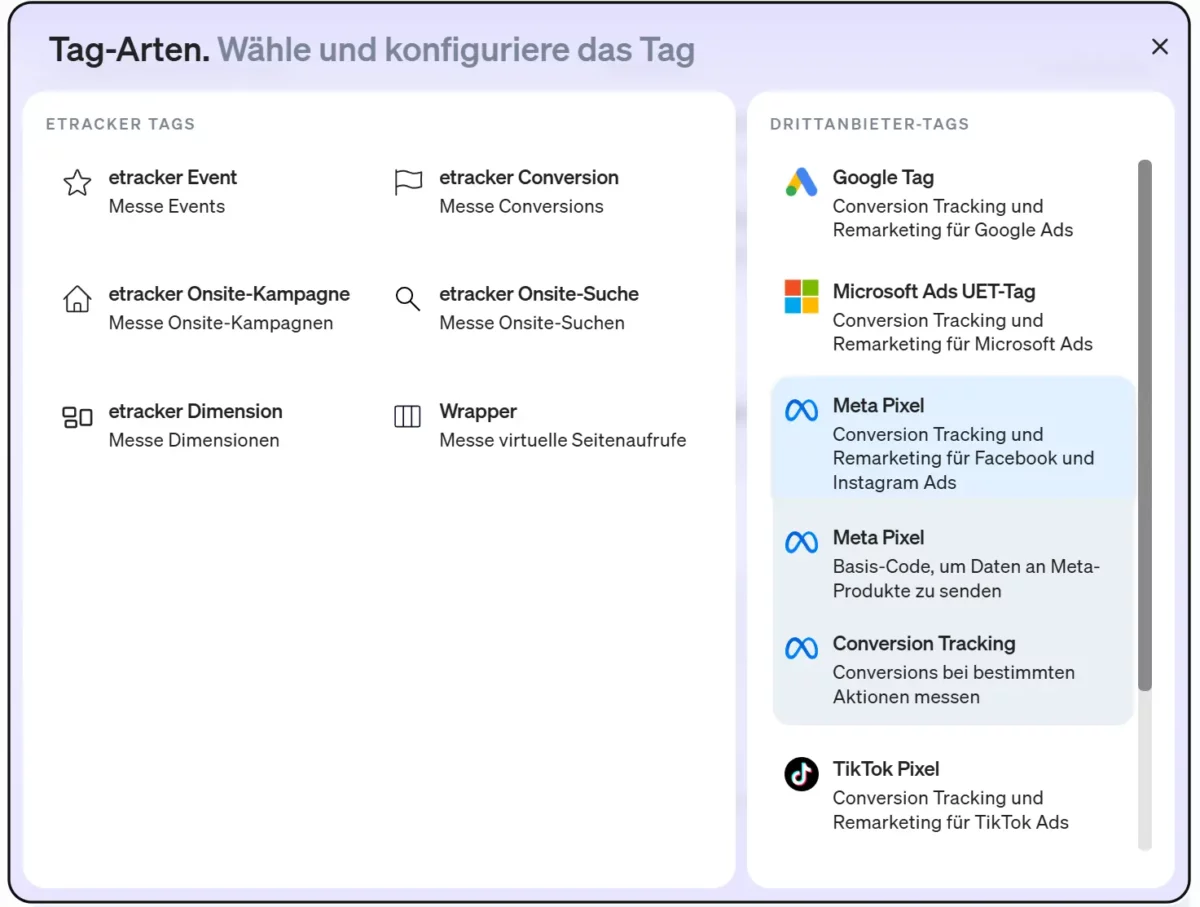 In dieser Ansicjht sieht man die Darstellung der einzelnen Meta Tags im etracker tag manager.