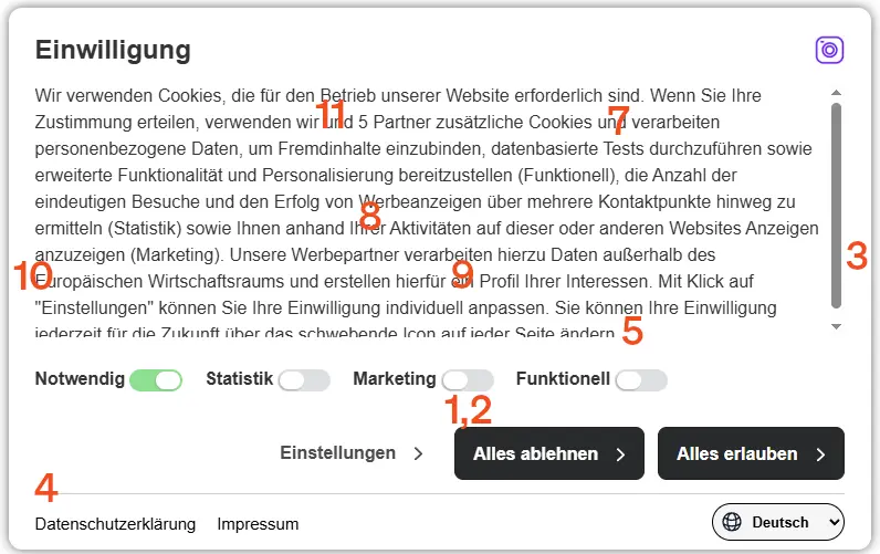 Screenshot etracker connsent manager Dialog mit Kennzeichnung an welchen Stellen die Anforderungen der Aufsichtsbehörden erfüllt werden.