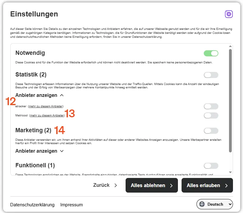 Screenshot etracker connsent manager Detailseite mit Kennzeichnung an welchen Stellen die Anforderungen der Aufsichtsbehörden erfüllt werden.