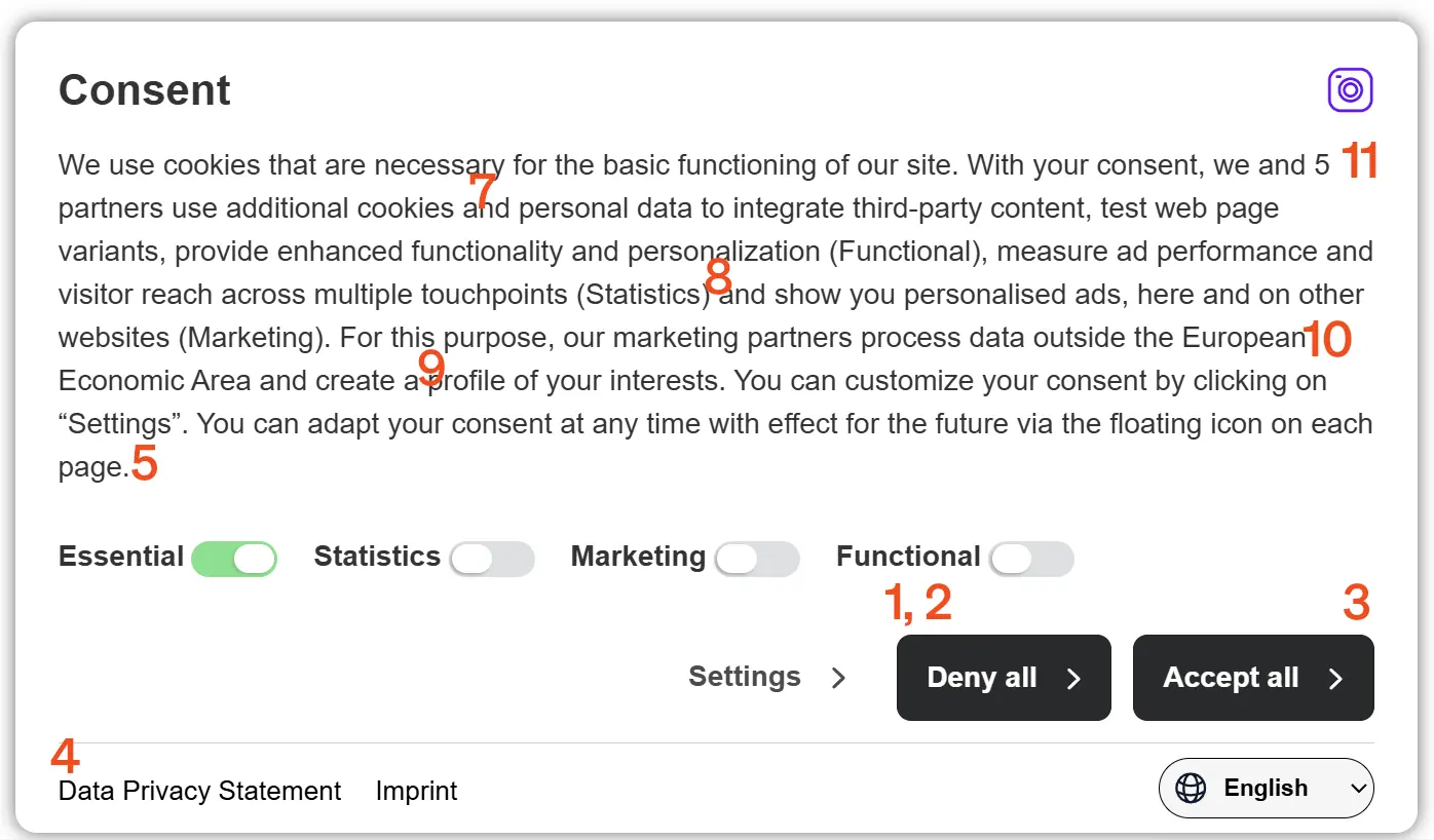 Screenshot of etracker connsent manager dialog with marking where the requirements of the supervisory authorities are met.