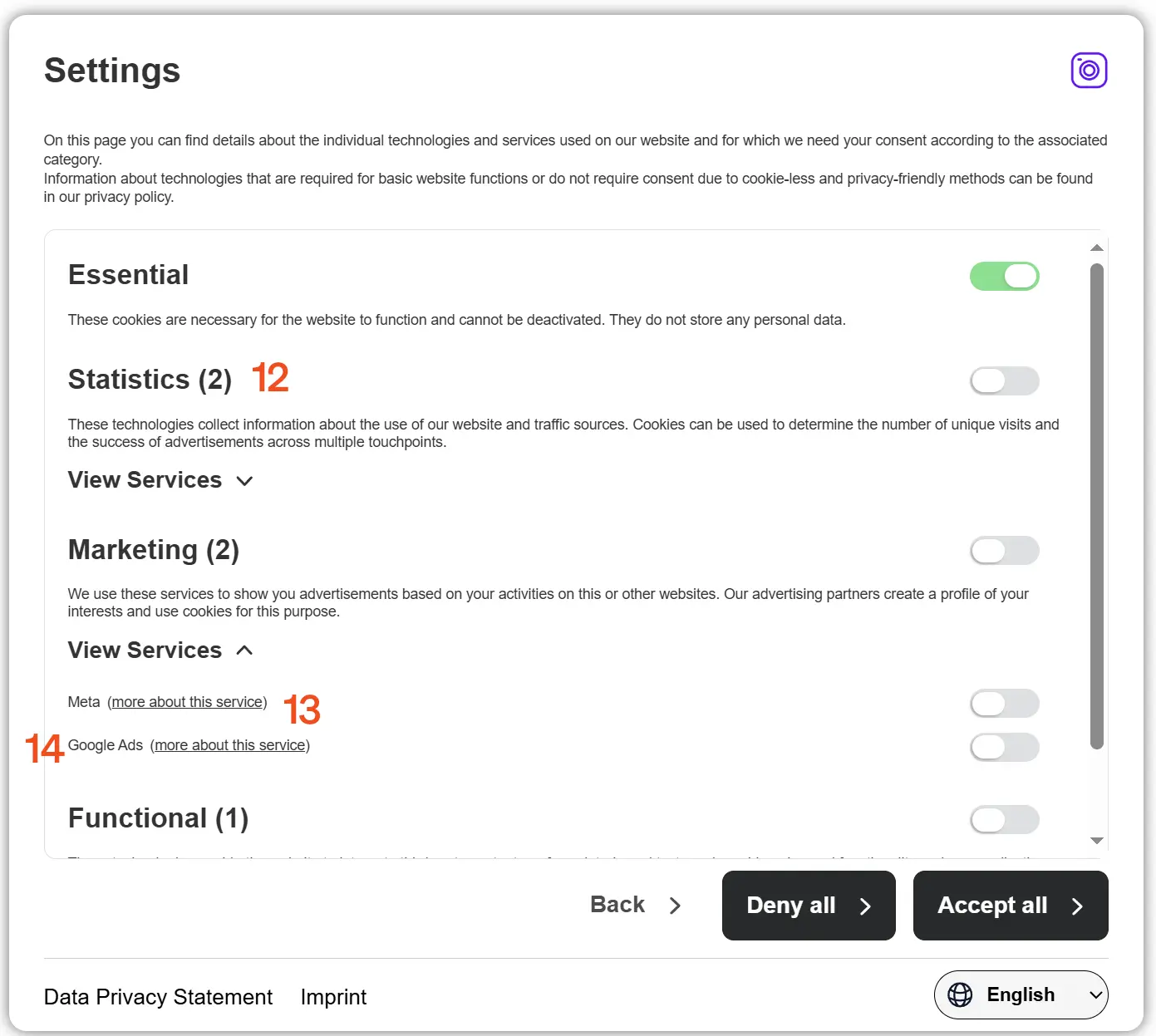 Screenshot etracker connsent manager detail page with marking where the requirements of the supervisory authorities are met.
