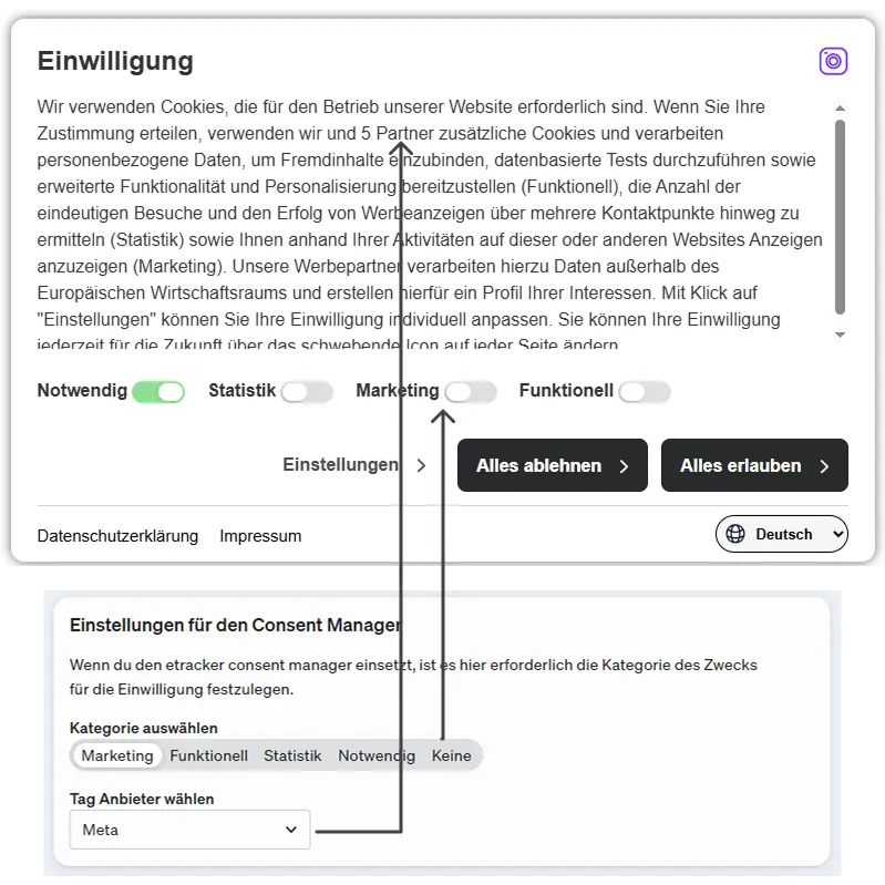 Beim Hinzufügen eines Tags über den etracker tag manager kannst du die Einwilligung direkt kategorisieren und einem Anbieter zuordnen. 