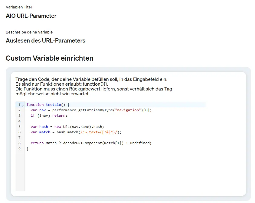 Acreenshot etracker analytics Variable AIO URL-Paramter einrichten