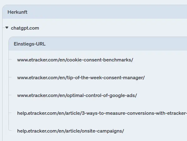 Screenshot etracer analytics Ansicht der Einstiegsseiten
