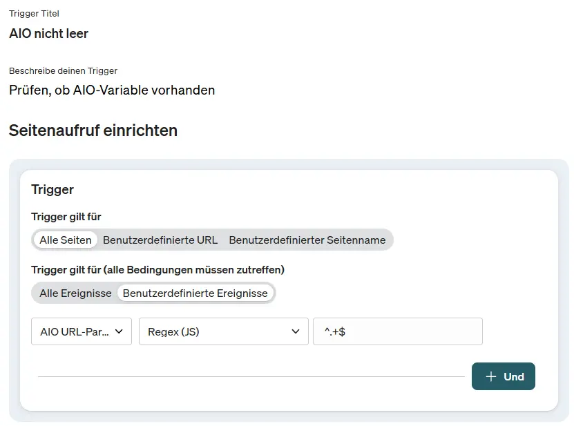 Screenshot etracker analytics Trigger einrichten AIO-Variable vorhanden