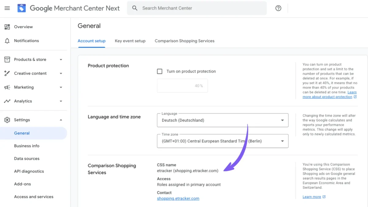 Screenshot des Google Merchant Centers