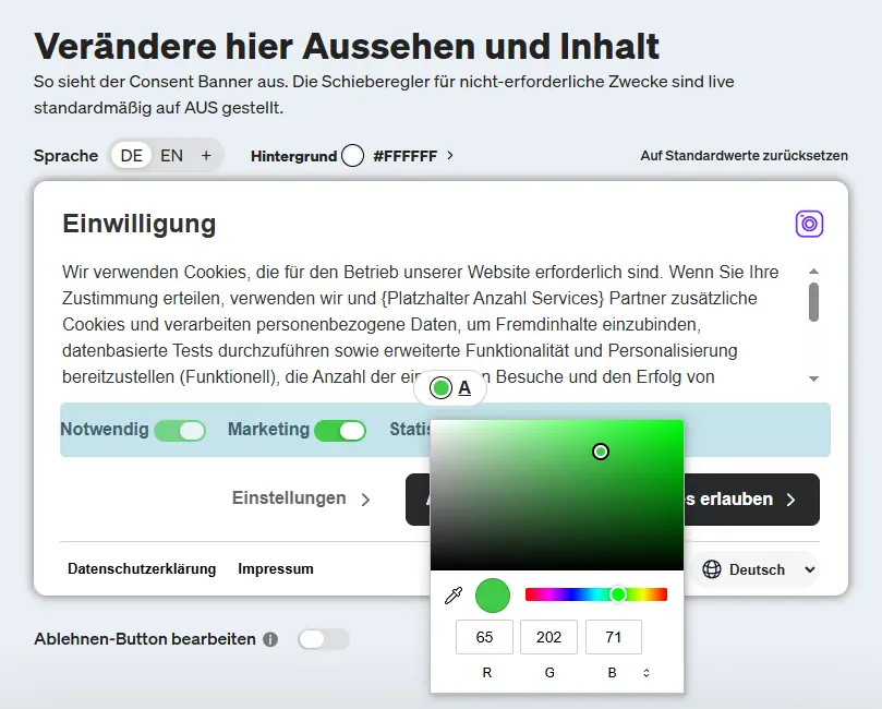 Screenshot etracker consent manager Design