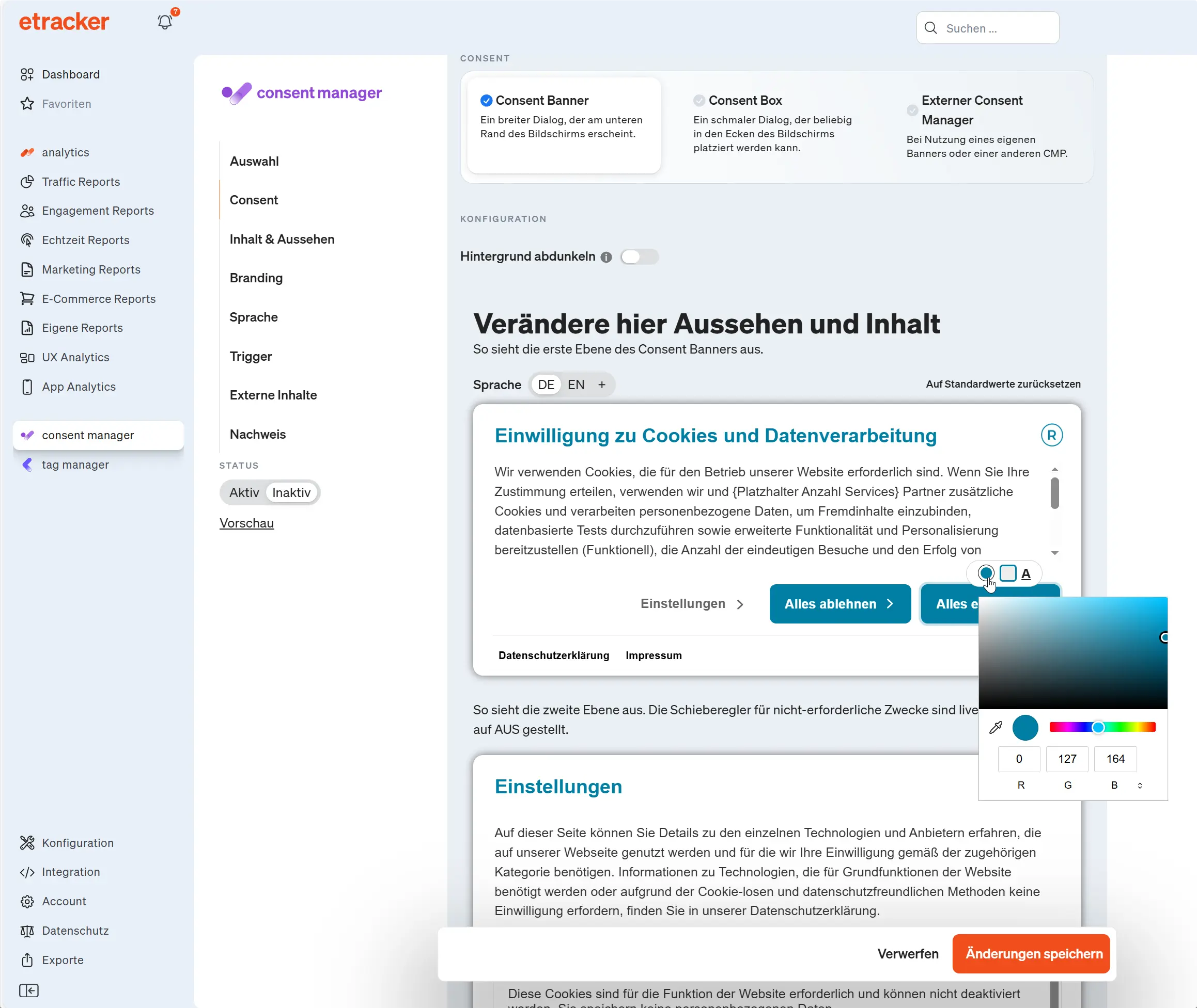 Screenshot etracker consent manager