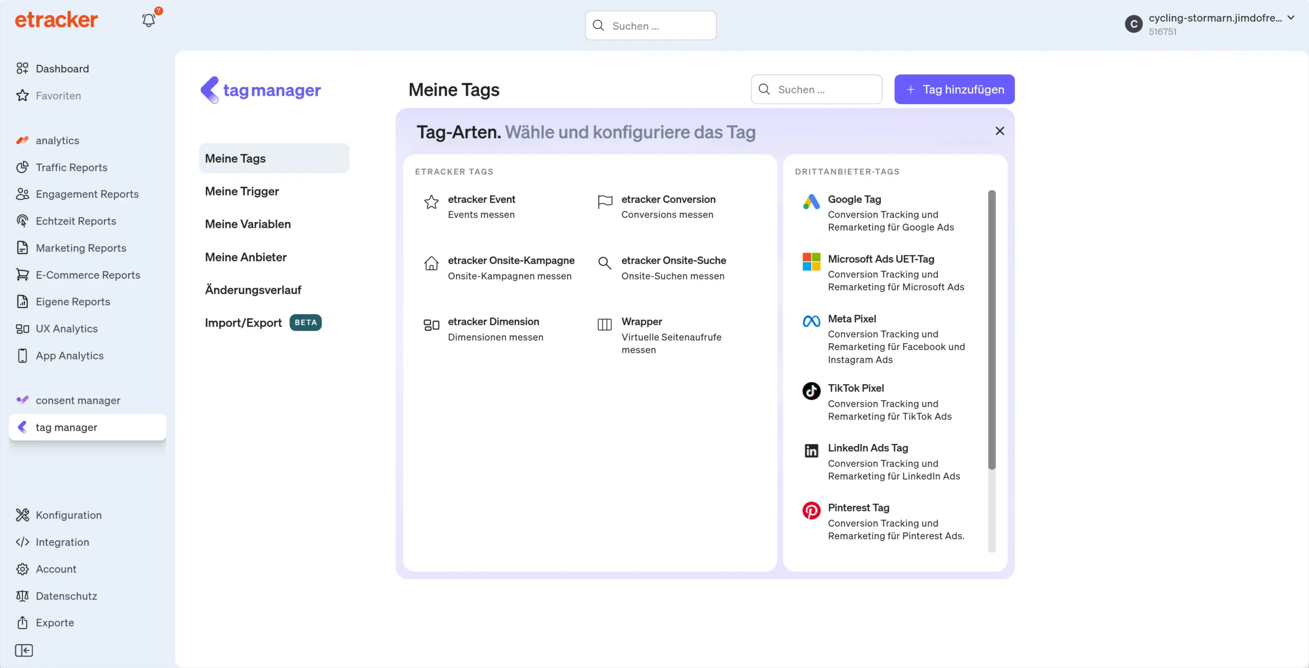Screenshot etracker tag manager Tags